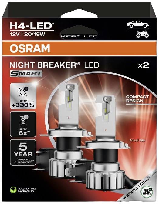 Two OSRAM H4 LED night light lamps with 12V, 20/19W. Offers up to 330% more brightness, compact design. 5-year warranty.