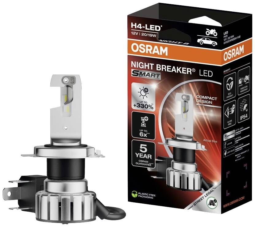 H4-LED lamp and packaging from the OSRAM 'Night Breaker LED' brand, with light performance '+330%' and '5 years warranty' highlighted.