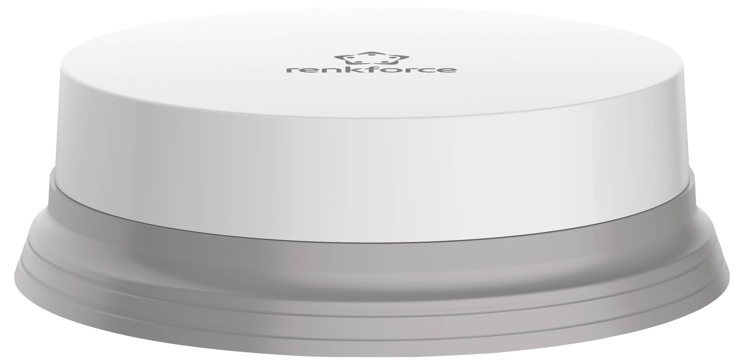 The image shows a white, round wireless volume control by renkforce on a grey base against a white background.