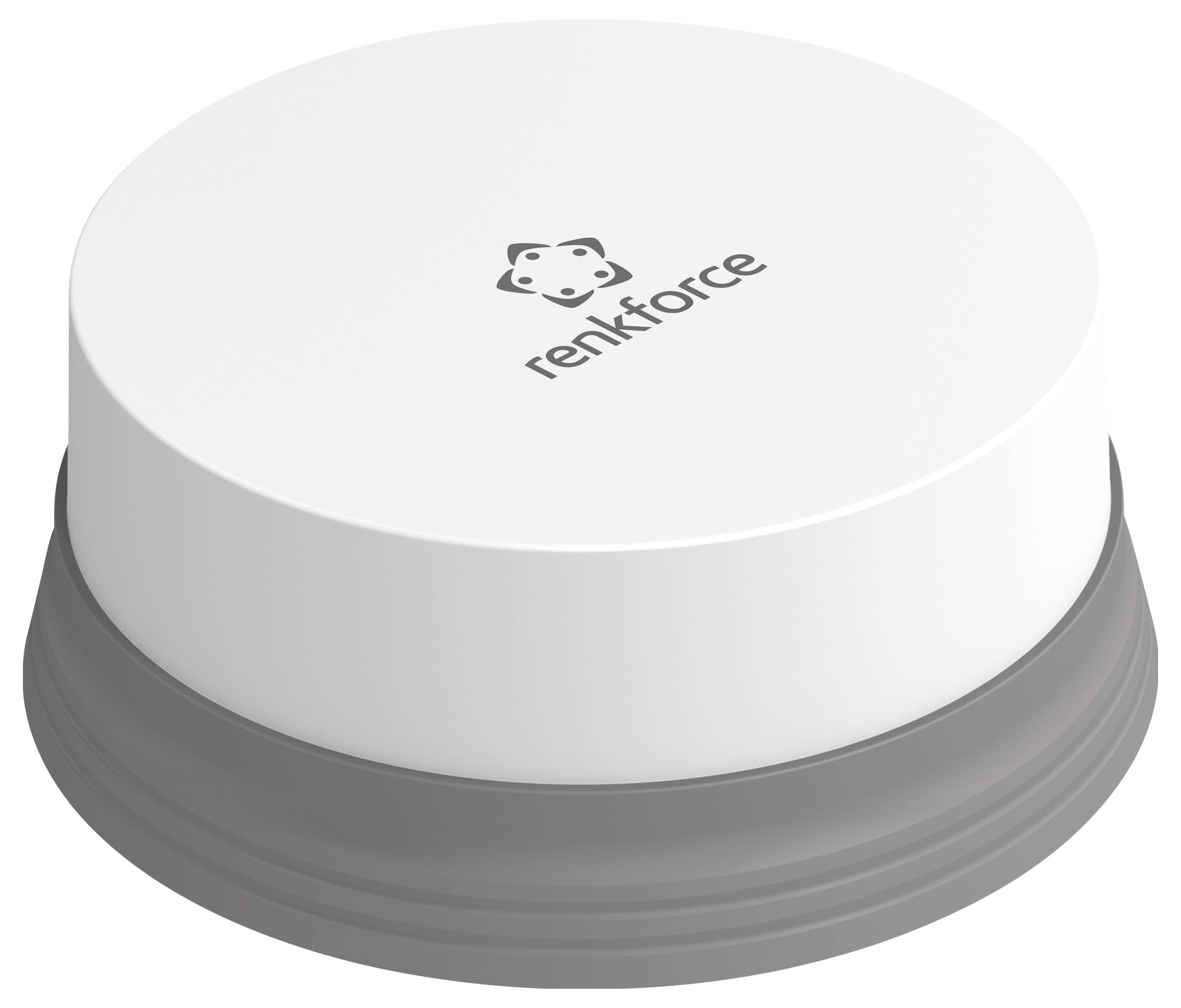A white, round press button with a grey base and the "renkforce" logo at the top.