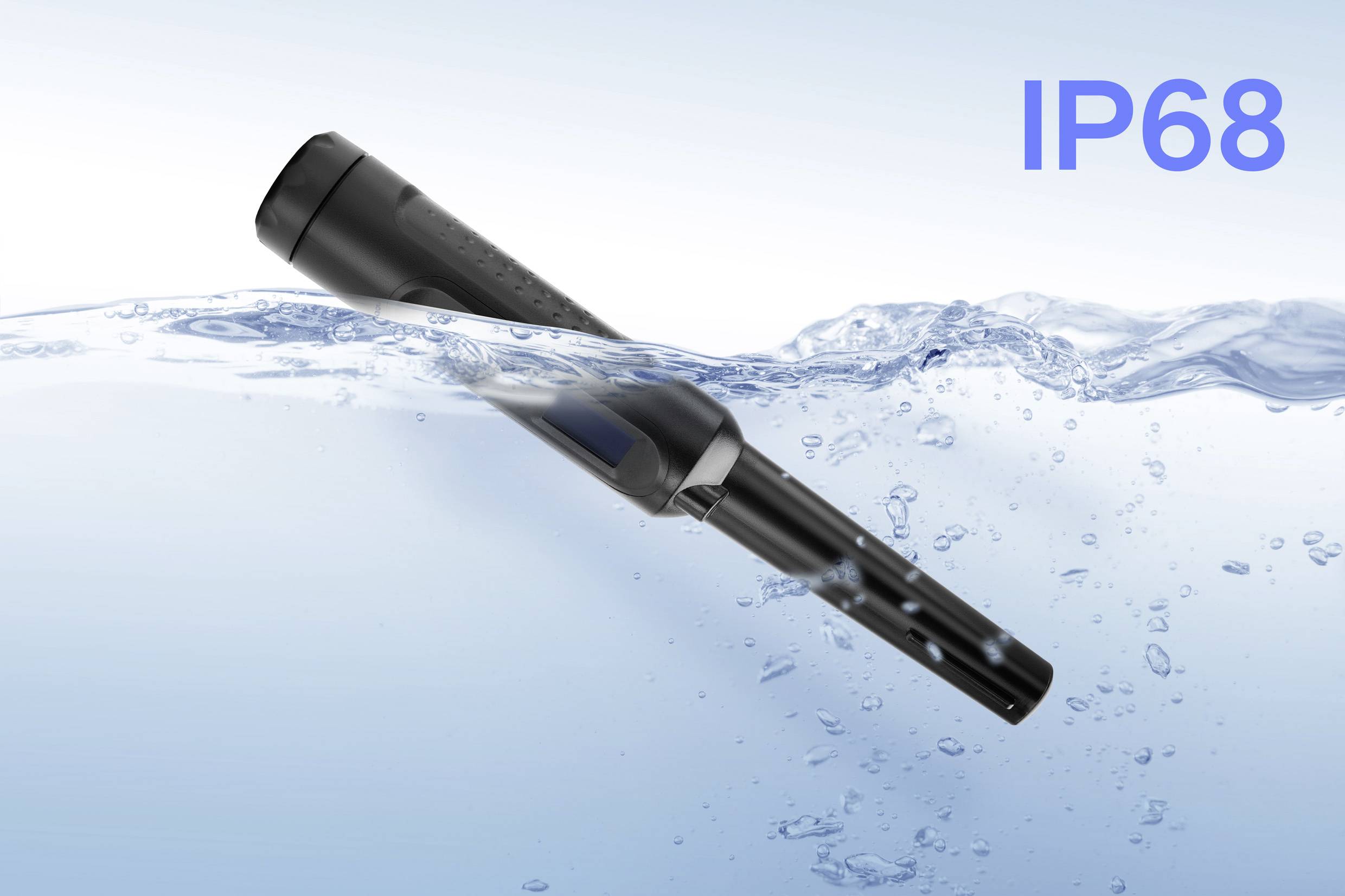 A black, waterproof device is swimming through water. In blue text at the top right is 'IP68'.