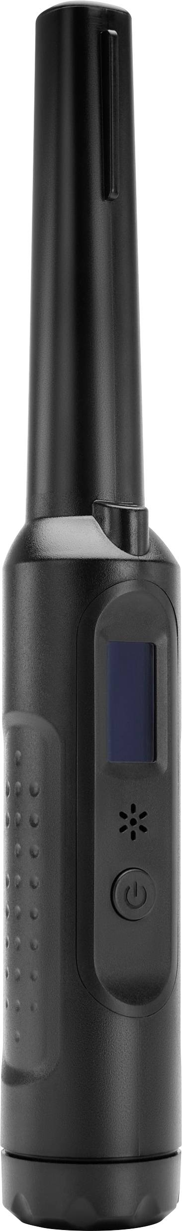 A black battery-powered electronic cigarette lighter with an elongated design and a control button in the centre.