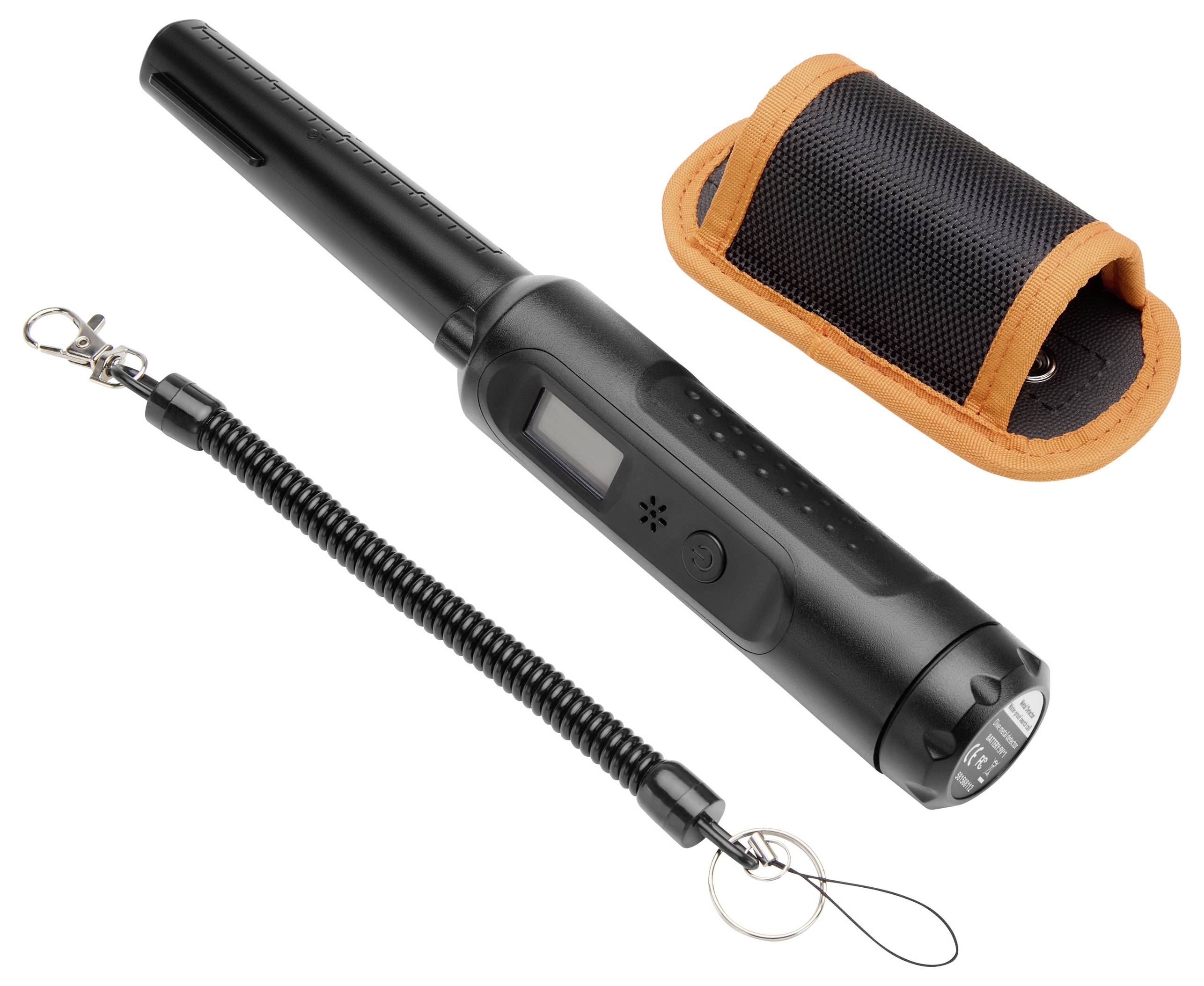 Metal detector with torch and LCD display, including carry case and coiled cable, for safe storage and use.