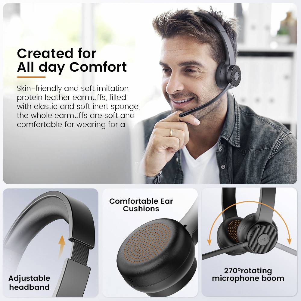 Man wearing headphones, smiling and relaxing. Text: 'Created for All-Day Comfort'. Images show adjustable headband, ear cushions, microphone.