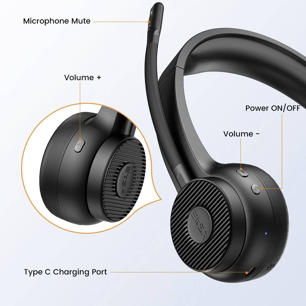 Wireless over-ear headset with buttons for microphone mute, power, volume control and USB-C charging port.