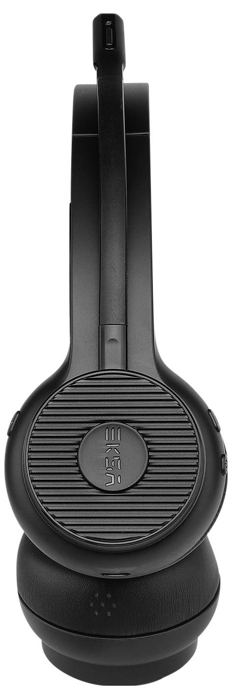 Black wireless headphones with a rotating microphone, perfect for hands-free communication and music listening.