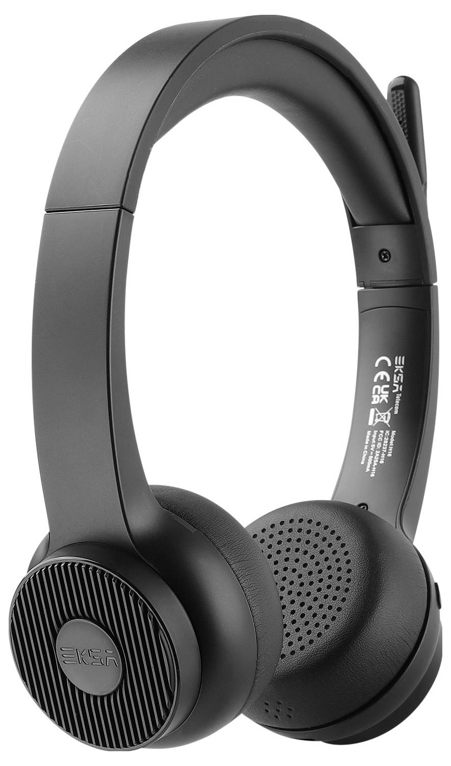 Black wireless headphones with ear cushions and an adjustable headband, shown from the side at the back. Perfect for music and calls.