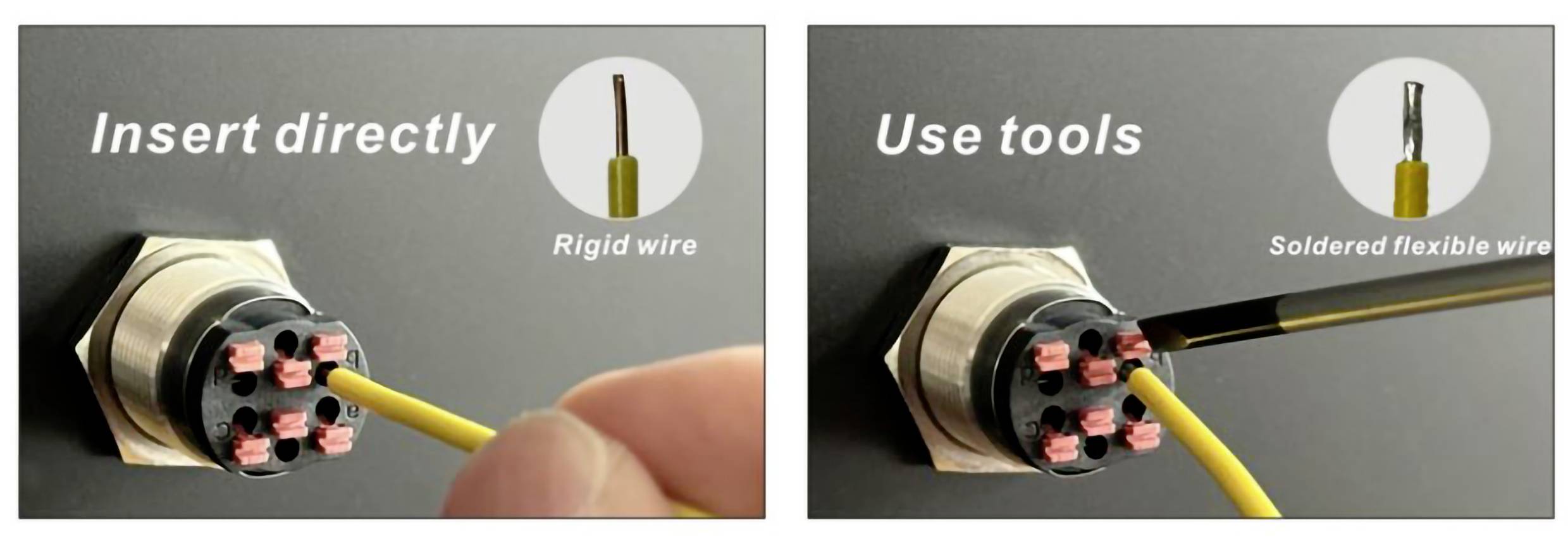 Links: Two side-by-side images show electrical connections. Left: 'Rigid cable, direct insertion'. Right: 'Flexible cable, insert with tool'.