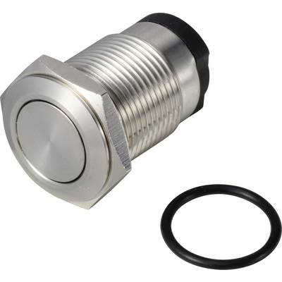 Metallic push button with black O-ring, suitable for industrial applications and control panels.
