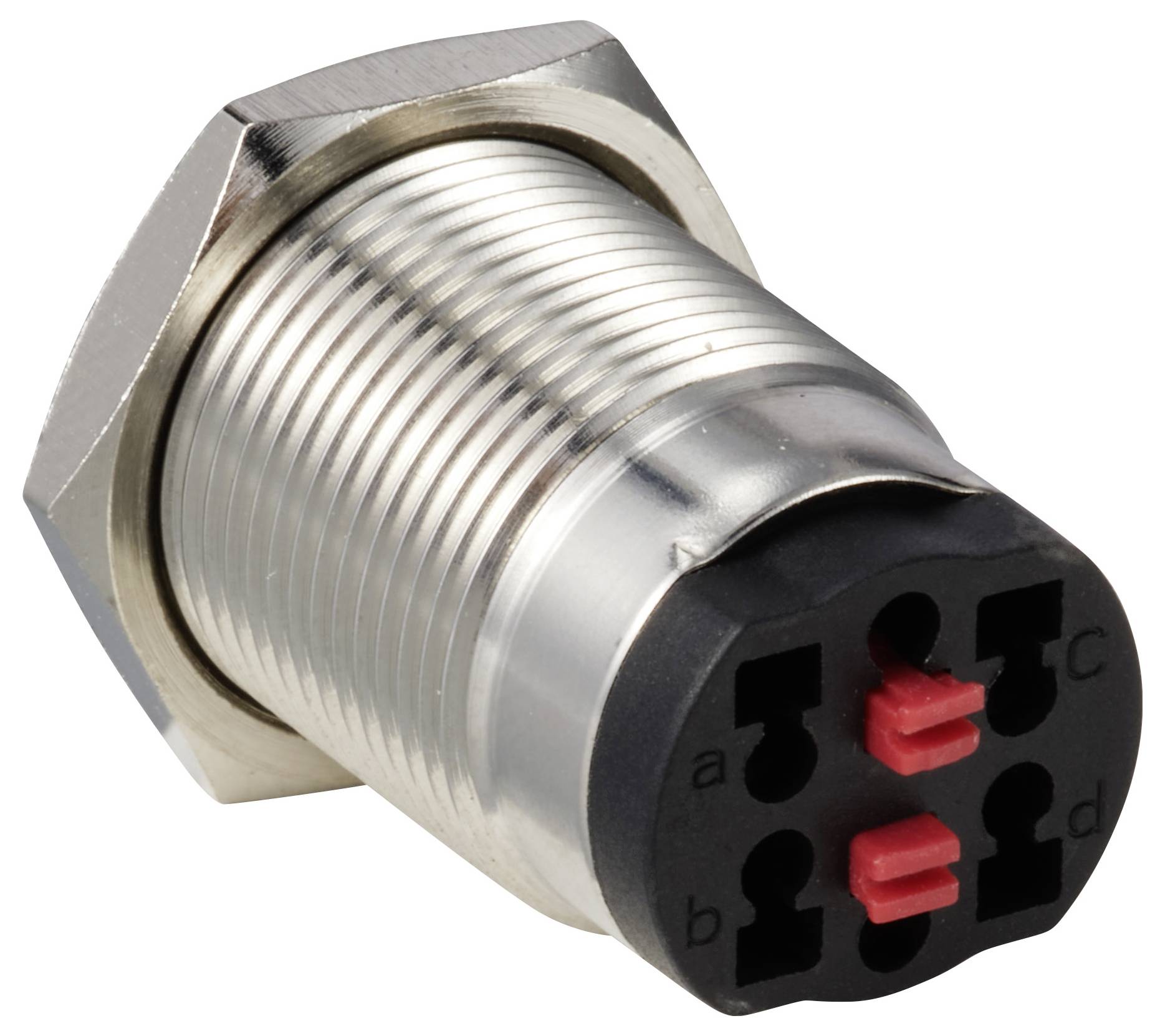 A cylindrical, metallic sensor with a black plastic end and red connectors, for industrial control or automation technology.