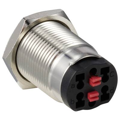 A cylindrical, metallic sensor with a black plastic end and red connectors, for industrial control or automation technology.