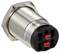 A cylindrical, metallic sensor with a black plastic end and red connectors, for industrial control or automation technology.