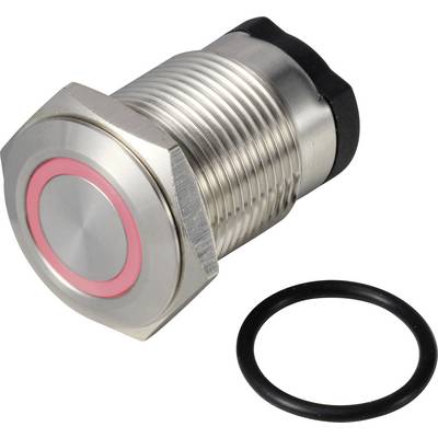 A round, metallic push button with a red illuminated ring. Beside it lies a black O-ring.