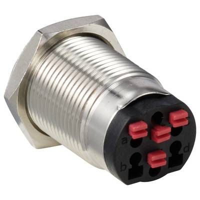 A cylindrical metal connector with a six-pole connection on the front. The connections are highlighted in red.