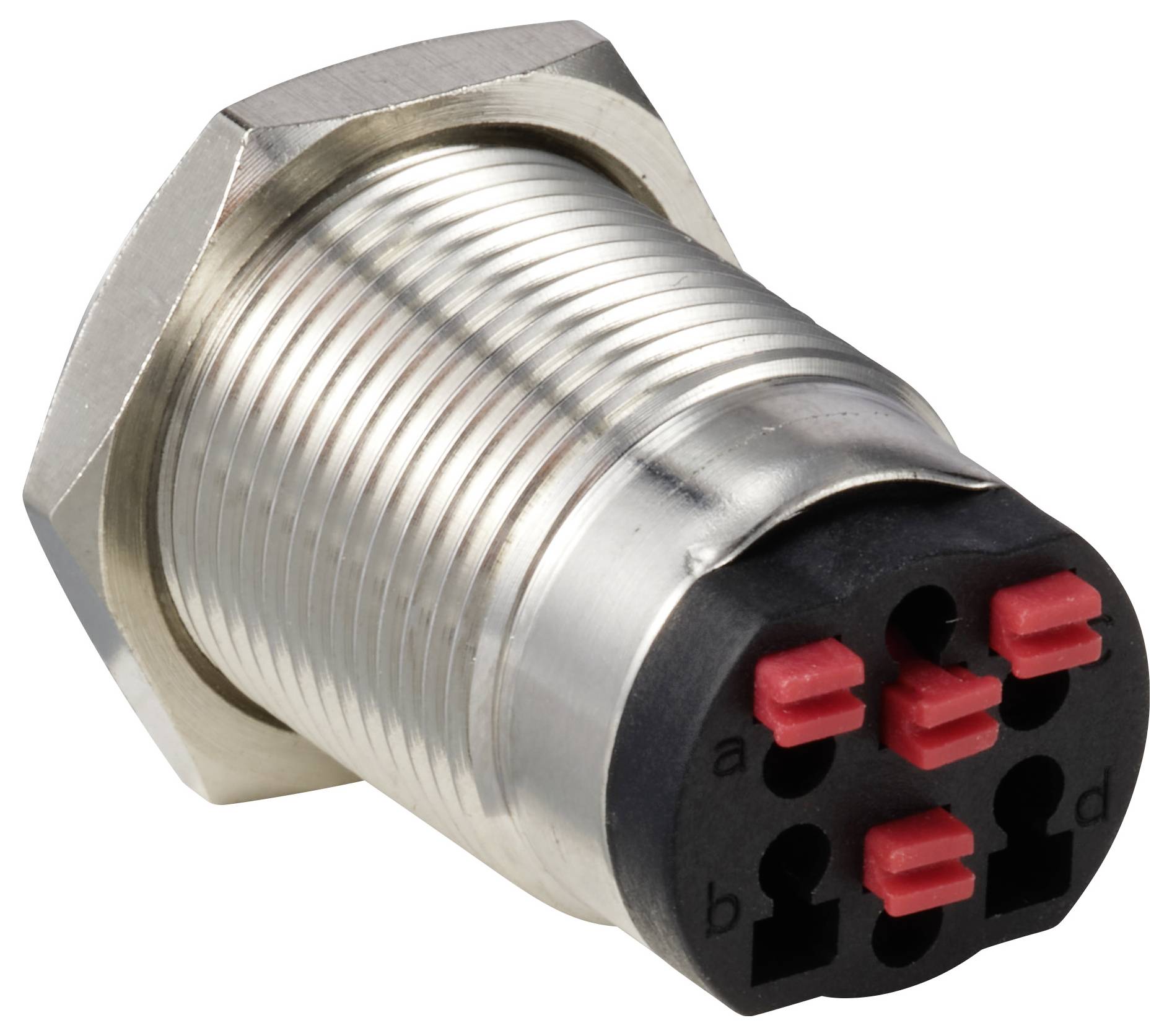 A cylindrical, metallic connector with six red-marked terminals. Suitable for electrical connections.