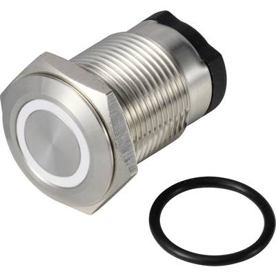 Metal switch with a round push button and accompanying black sealing ring, shown on a white background.