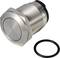 Silver metal push button with a round, flat design next to a black rubber sealing ring. Suitable for industrial applications.