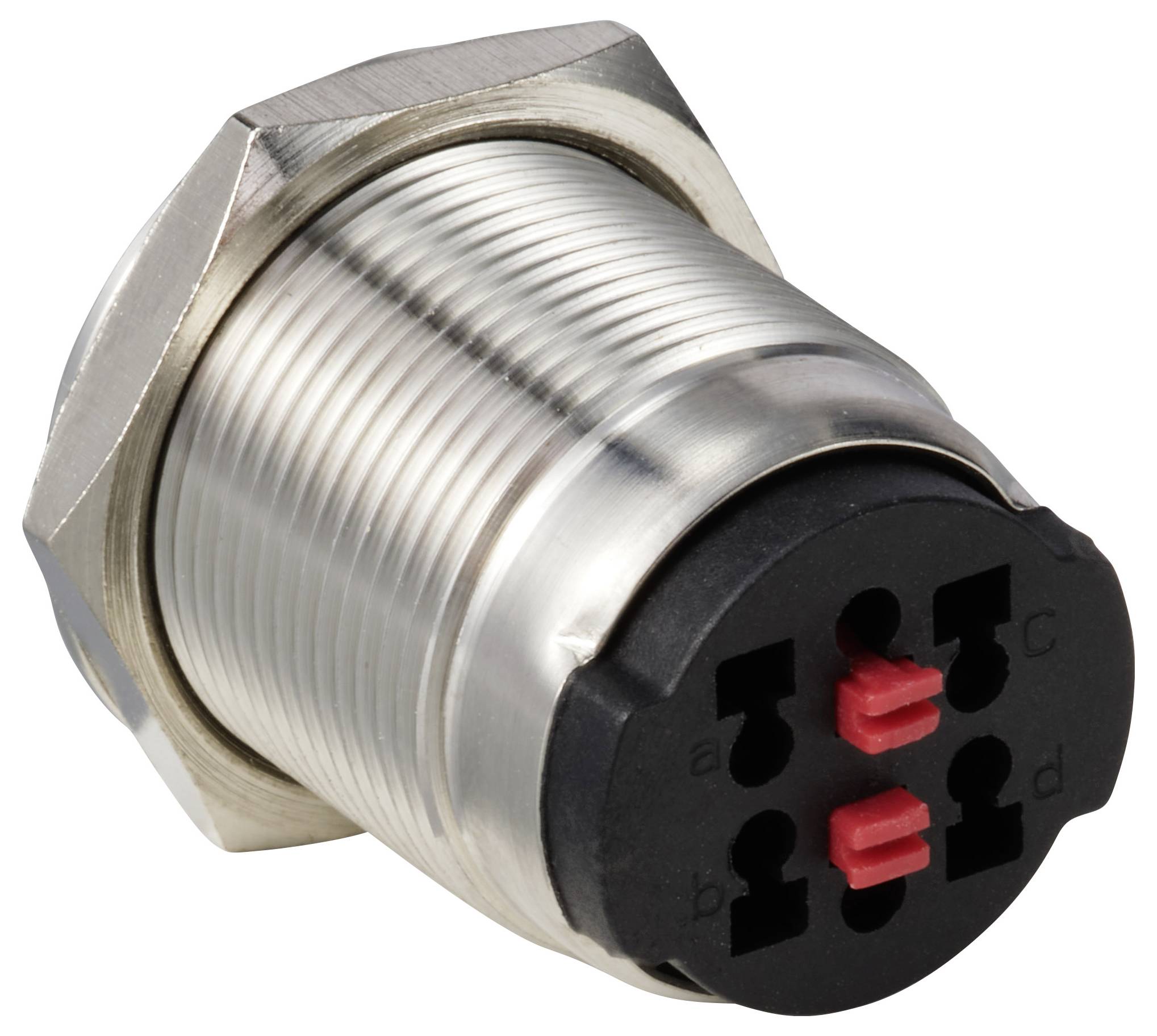Metallic cylindrical plug with four round terminals and a black plastic housing.