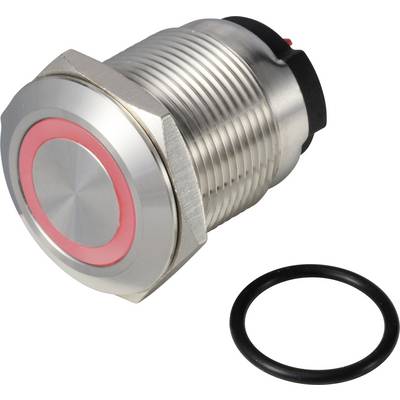 Round metal button with red LED ring and black sealing ring. Suitable for installation in electronic devices.