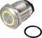 Metal switch with a yellow illuminated ring and a black sealing ring next to it, displayed on a white background.