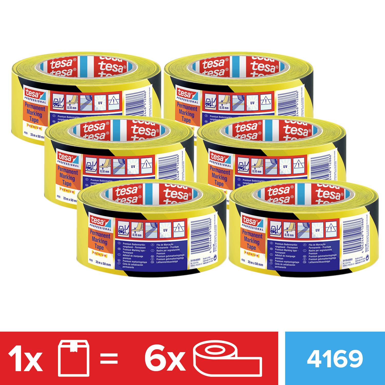 Six rolls of yellow tesa packaging tape, ideal for robust packaging. Labels and symbols visible on the rolls.