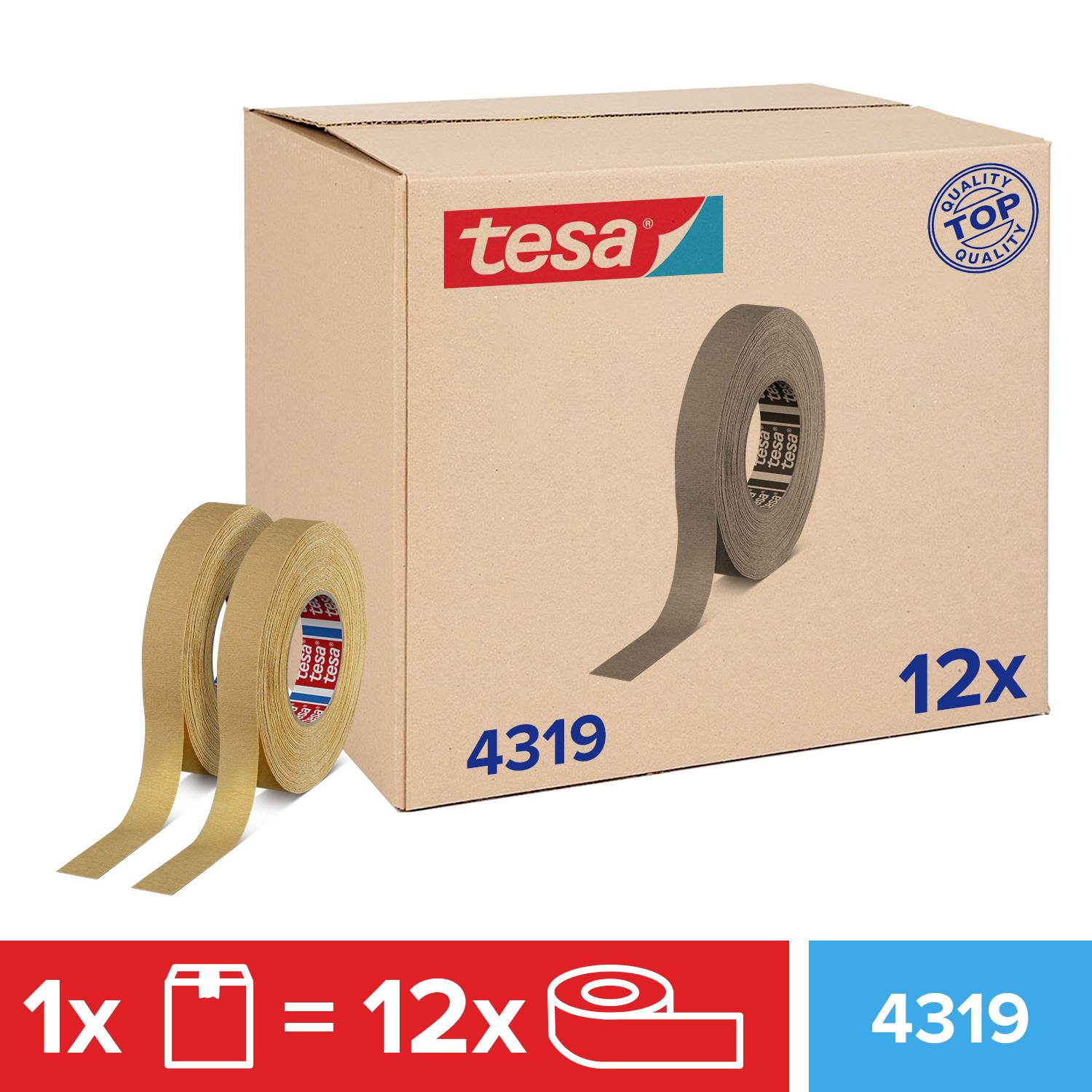 The packaging displays 12 rolls of tesa adhesive tape, Model 4319, in natural brown. Bottom left shows the symbol indicating 12 rolls per package.