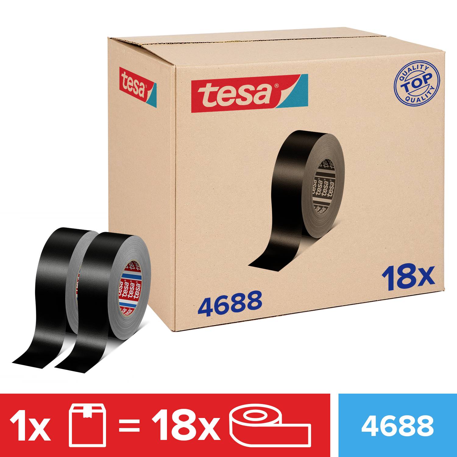 Large pack of 18 rolls of black 4688 fabric tape by Tesa, with a quality seal on the box.