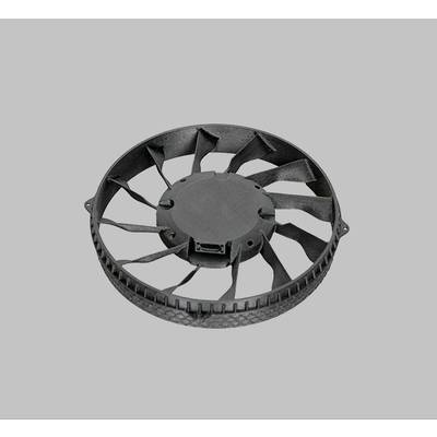 A black, round fan with multiple blades, against a grey background, well-suited for cooling or ventilation.