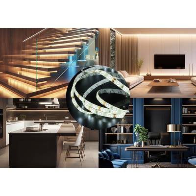 A circle shows LED strip lighting. Around the circle are images: illuminated staircase, modern living space, kitchen, and office.