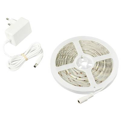 LED light strip with plug adapter and cable, coiled up, ready for installation. Perfect for creating atmospheric lighting.