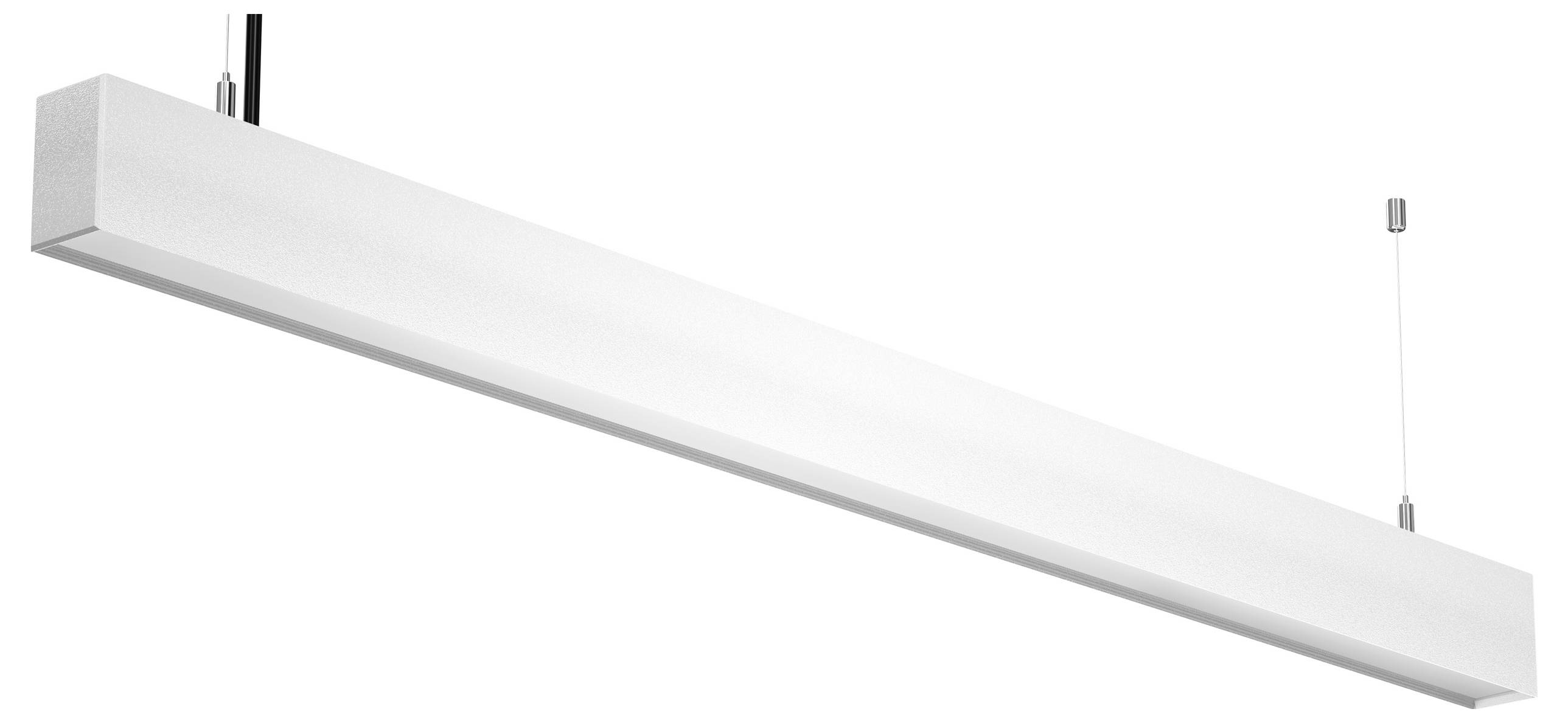 A white rectangular pendant light fixture suspended from the ceiling by two wires, featuring a minimalist and modern design.