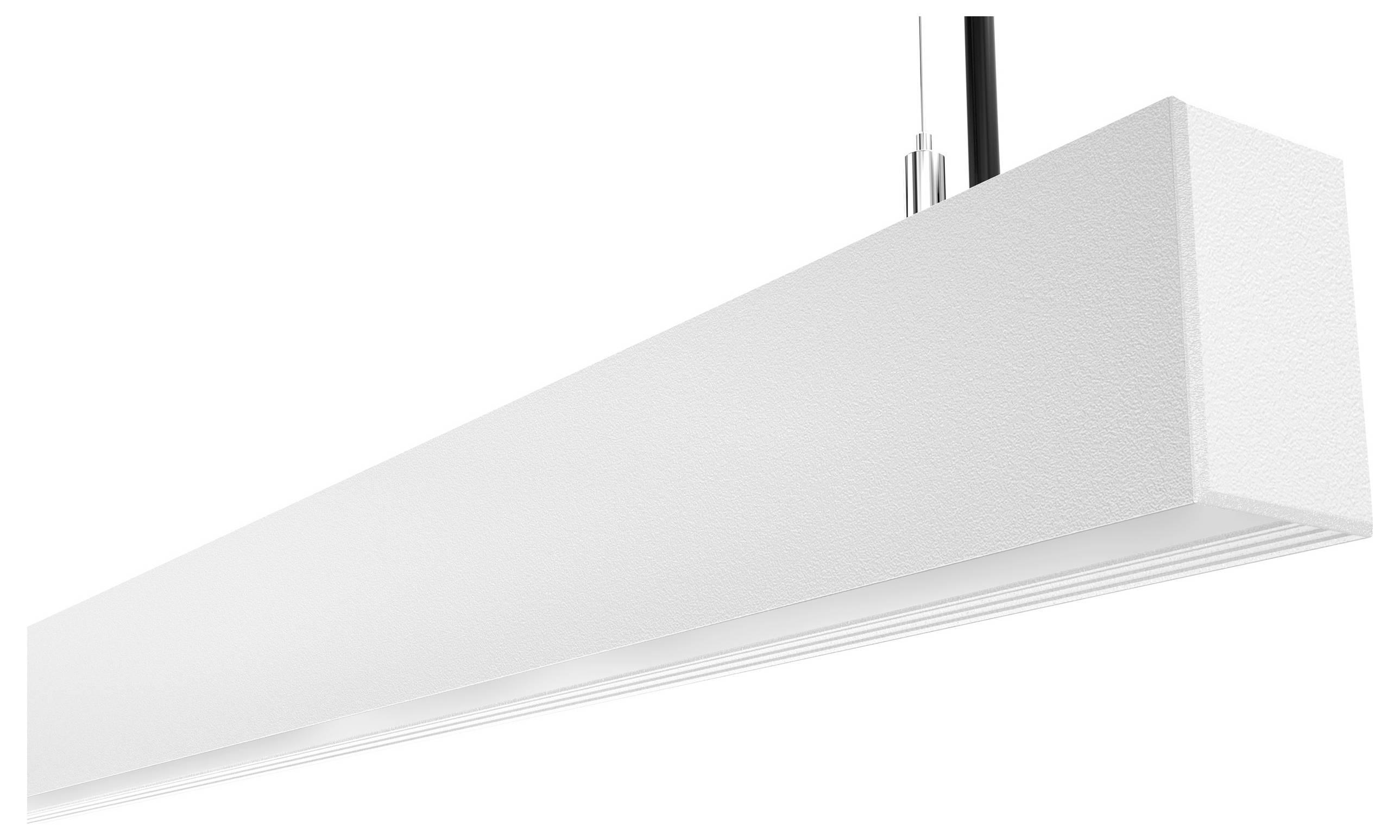 A white, rectangular LED light fixture suspended from the ceiling, featuring a minimalist and modern design.