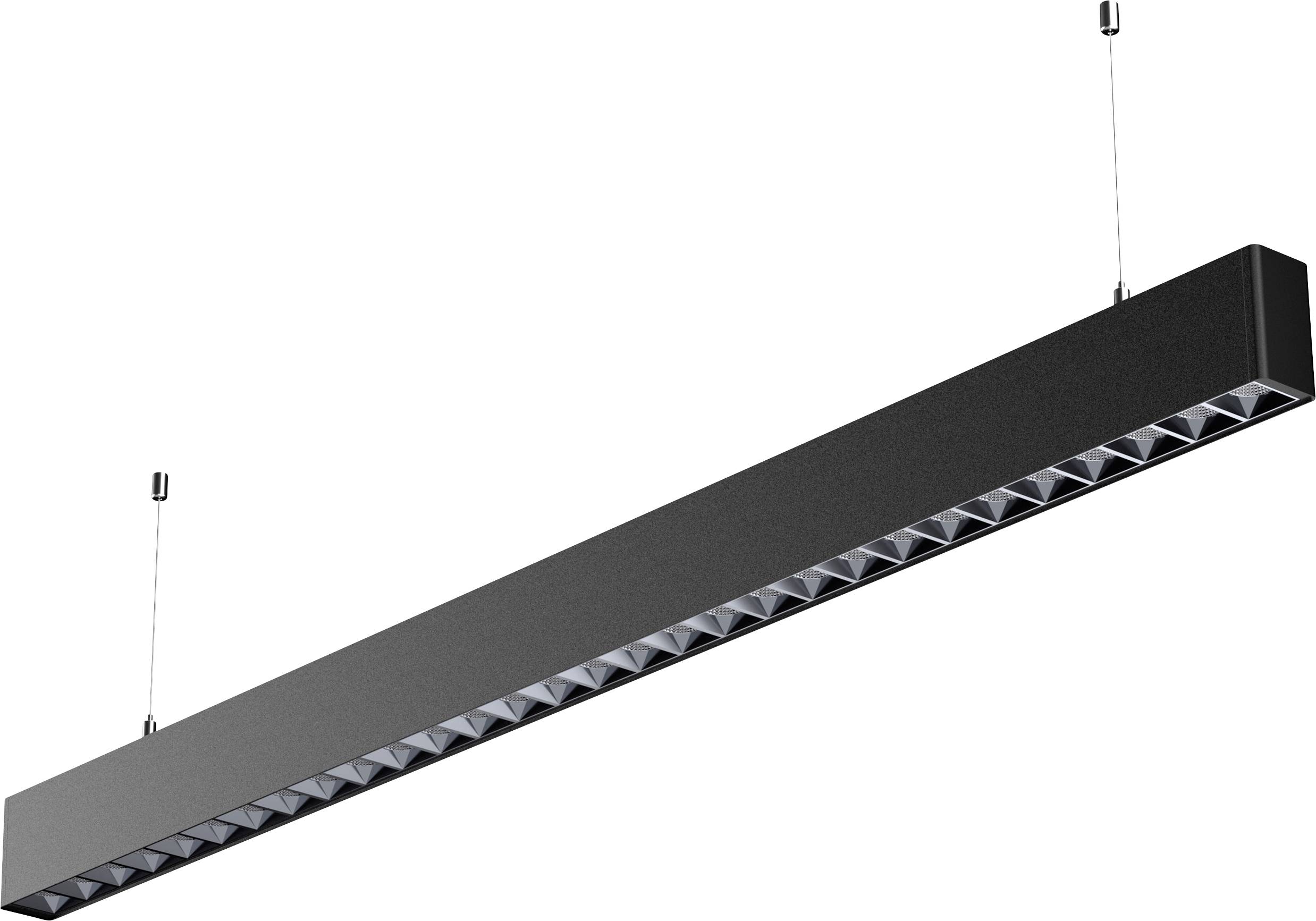 Black, elongated LED pendant light with a grid design, suspended by two thin cables. Suitable for modern interiors.