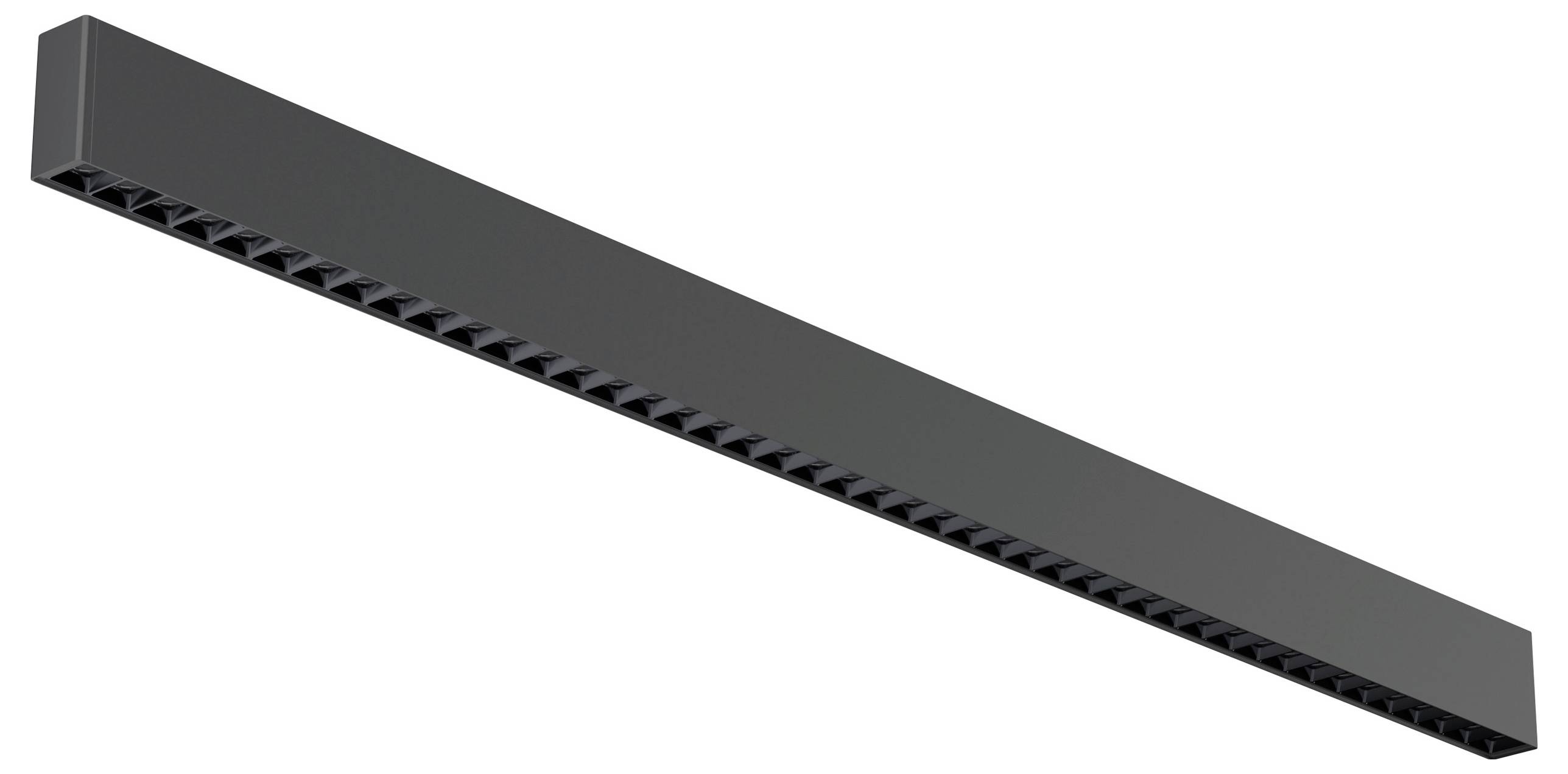 Long, rectangular black light fitting with visible light apertures on the underside, suitable for modern room lighting.