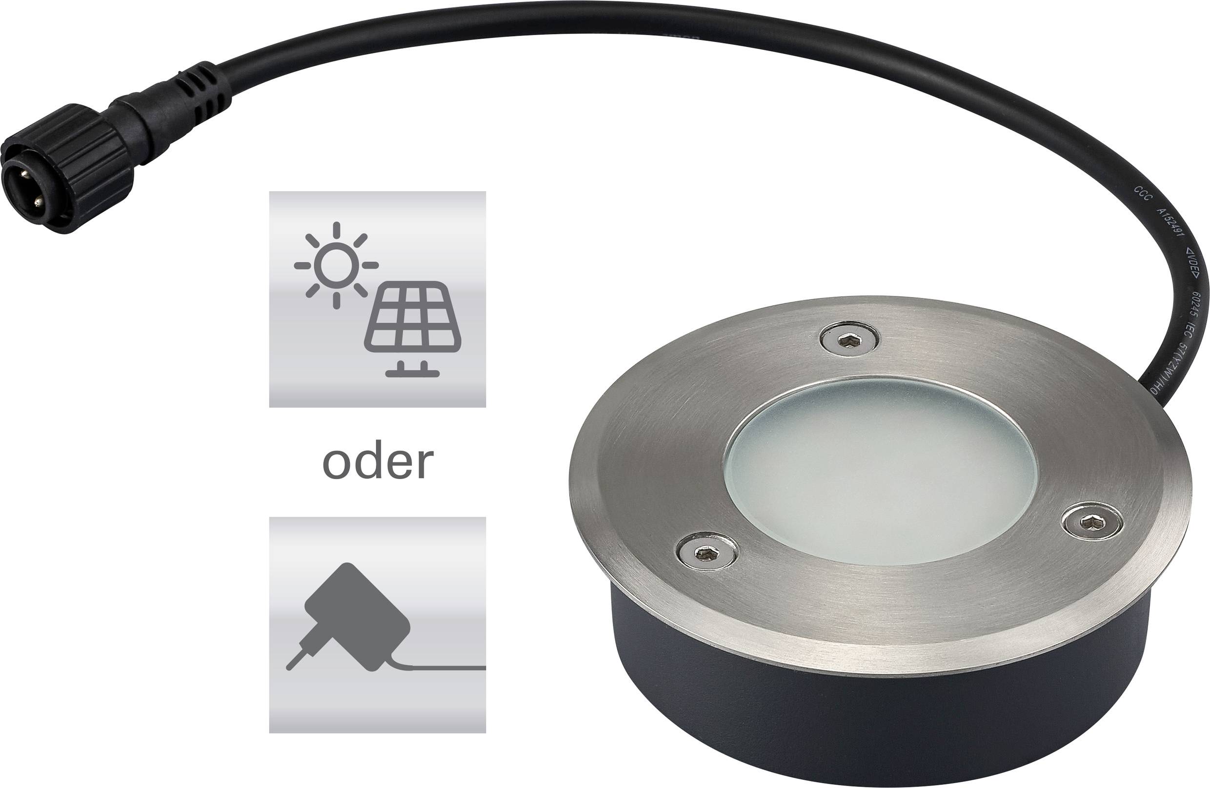 Round LED ground light with a solar and plug option, featuring a metallic frame and a power cord with a connector.