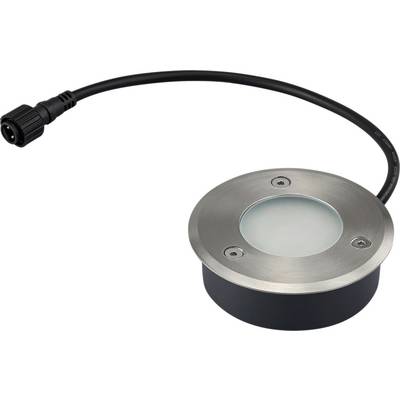A round, metal outdoor recessed floor light with a frosted glass cover and an attached cable for electrical connection.