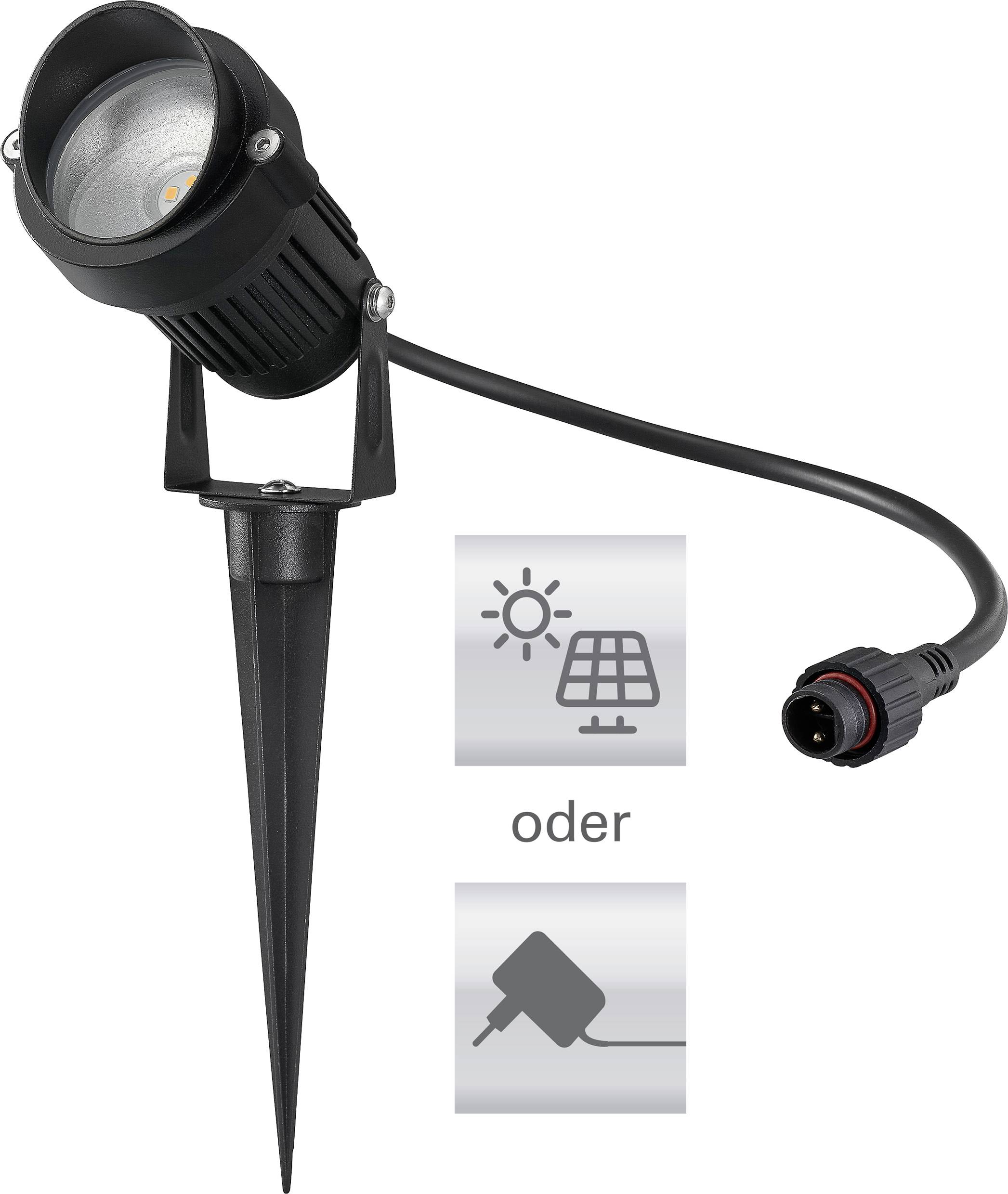 Spotlight with a ground stake and a cable shown alongside icons indicating solar or plug-in power options.