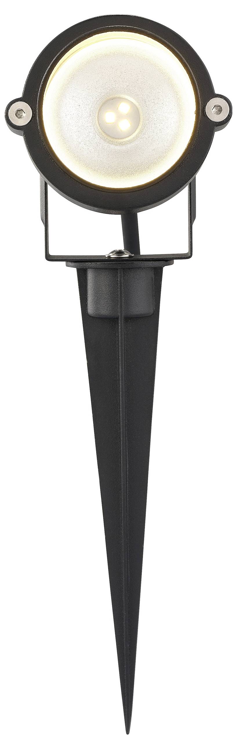 A black outdoor garden stake light with a round LED bulb and cone-shaped base, designed for ground installation, illuminating upwards.