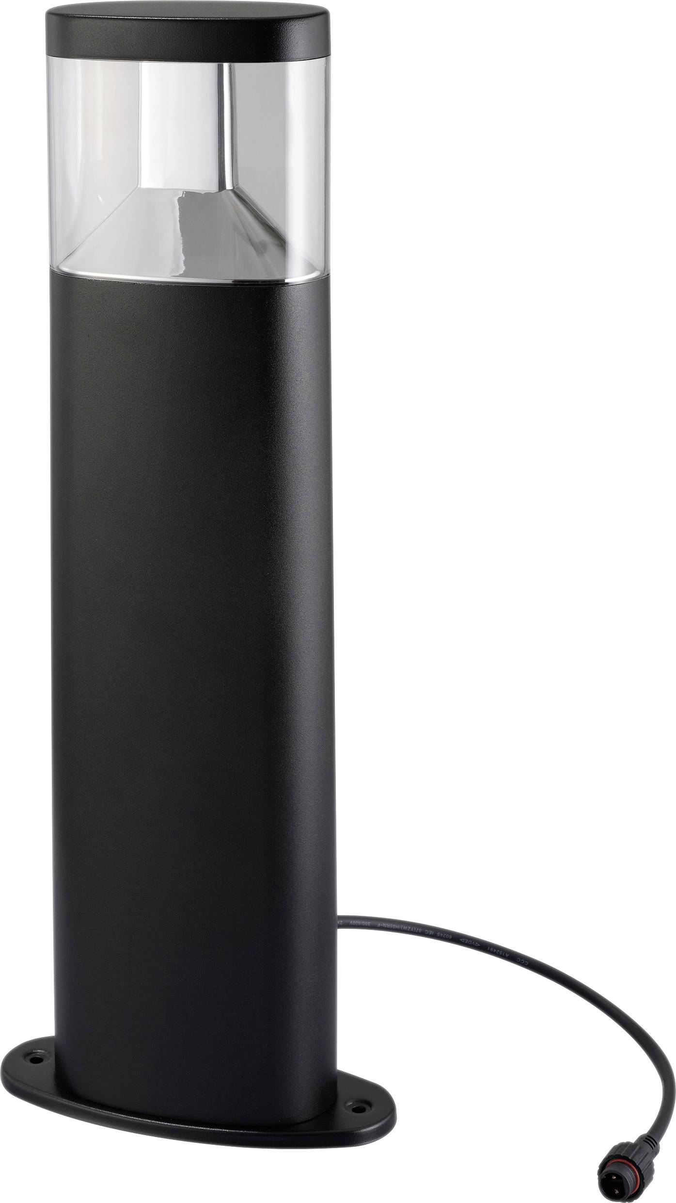 'A black outdoor bollard light with a transparent top section and a connected power cable, designed for pathway illumination.'