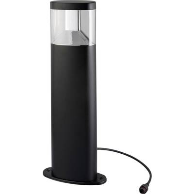 'A black outdoor bollard light with a transparent top section and a connected power cable, designed for pathway illumination.'
