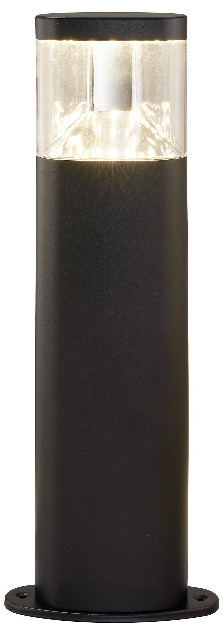 A sleek, cylindrical black outdoor bollard light with a clear top section, emitting a warm glow.