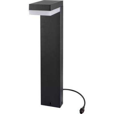 A sleek, black outdoor bollard light with a square top and white LED section, featuring a power cord extending from the base.