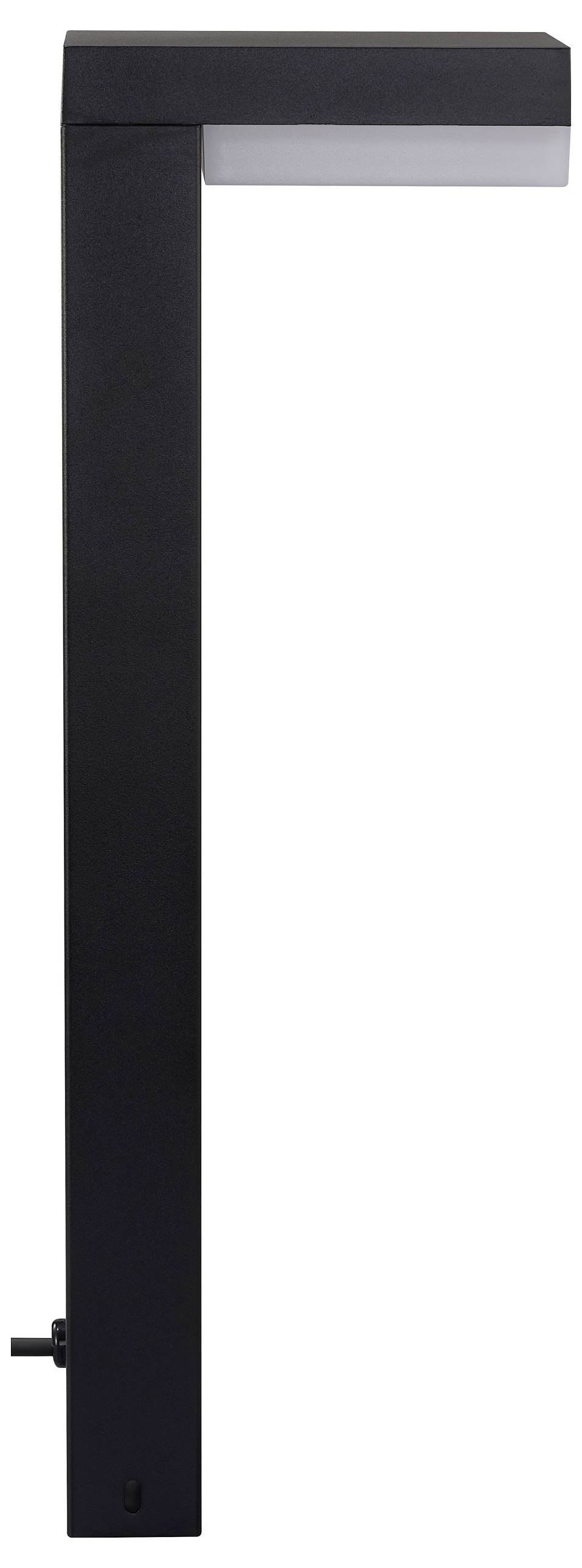A modern, minimalist black outdoor lamp with a rectangular design and a right-angle bend at the top, suitable for garden pathways.