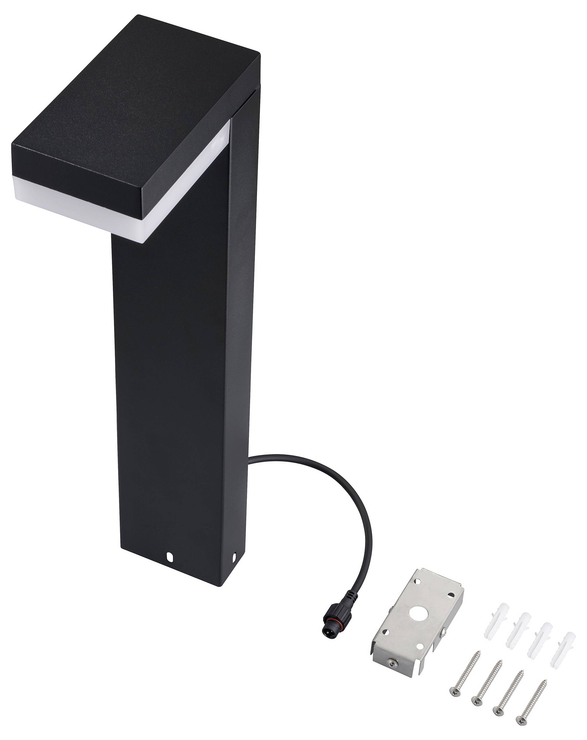 'Black outdoor LED bollard light' with mounting kit and screws shown on the side.