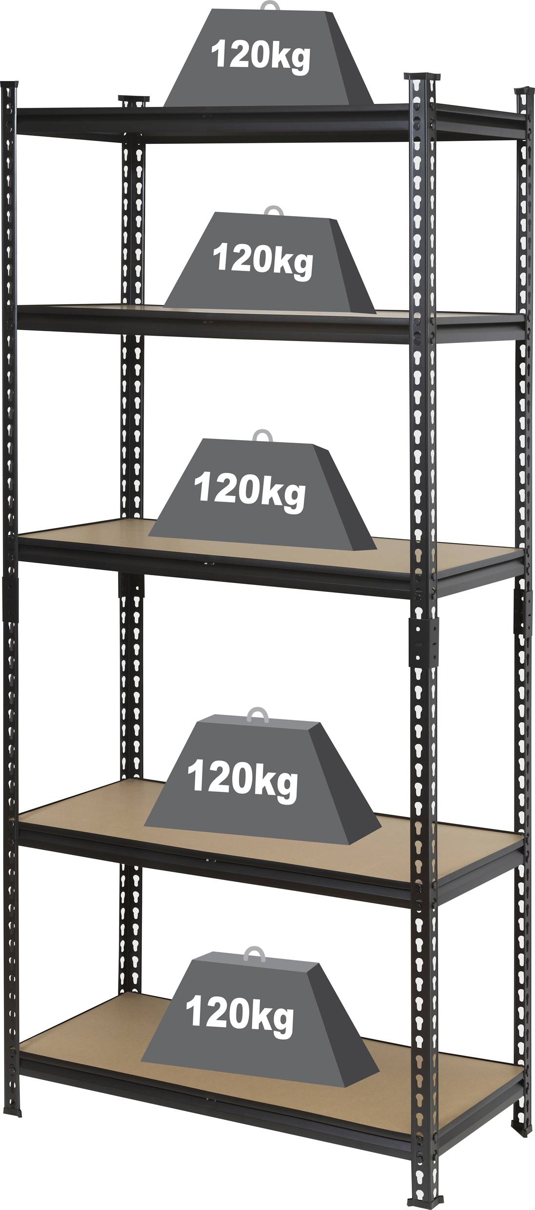 A metal shelving unit with five shelves, each loaded with a weight of 120 kg.