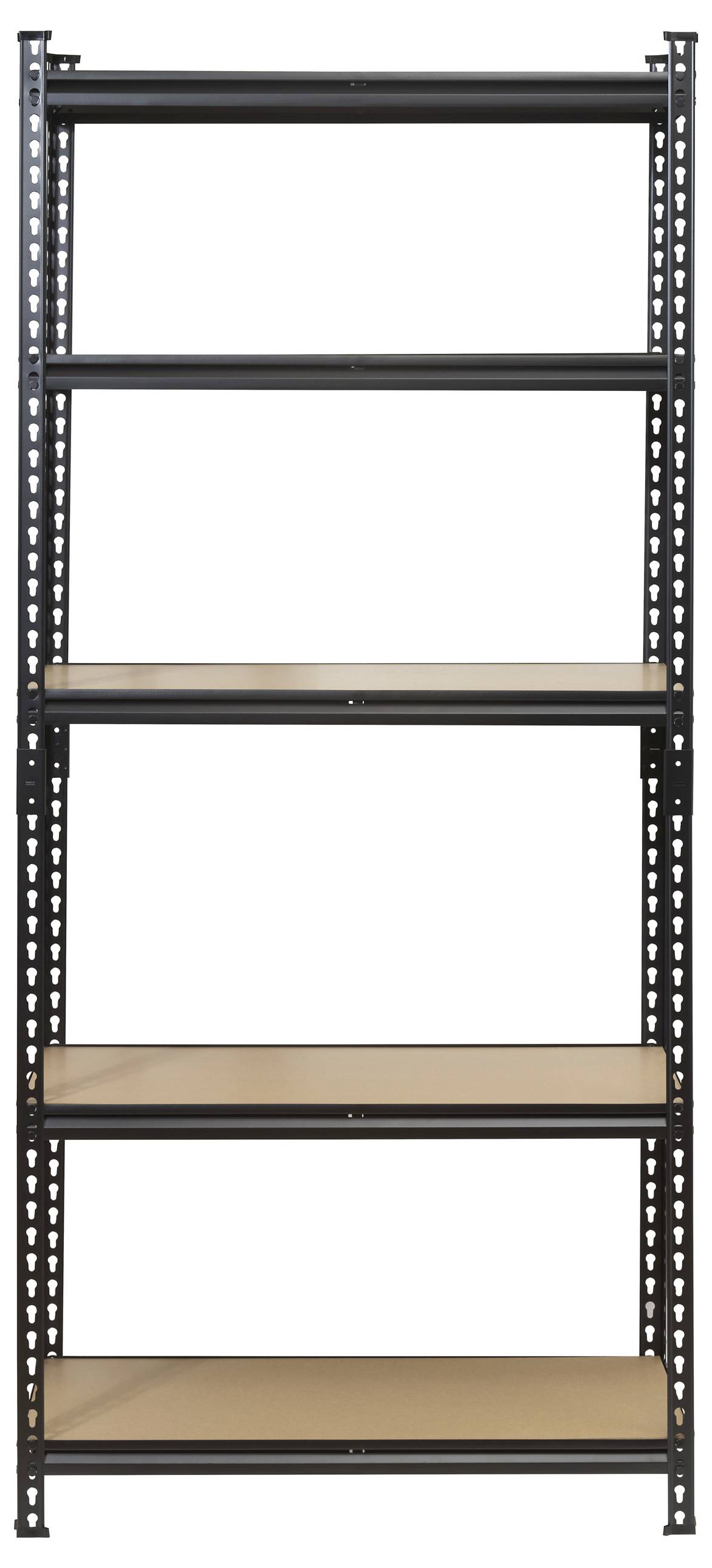 Heavy-duty metal shelving unit with five robust wooden shelves, suitable for storage in garages or workshops.