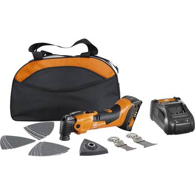 Cordless oscillating tool set with battery charger, sanding and cutting attachments. Includes black and orange carry case.