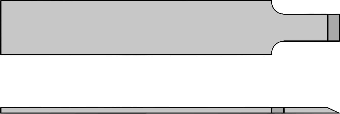 Side view and top view of a flat metal component with rounded edges and a thickened end.
