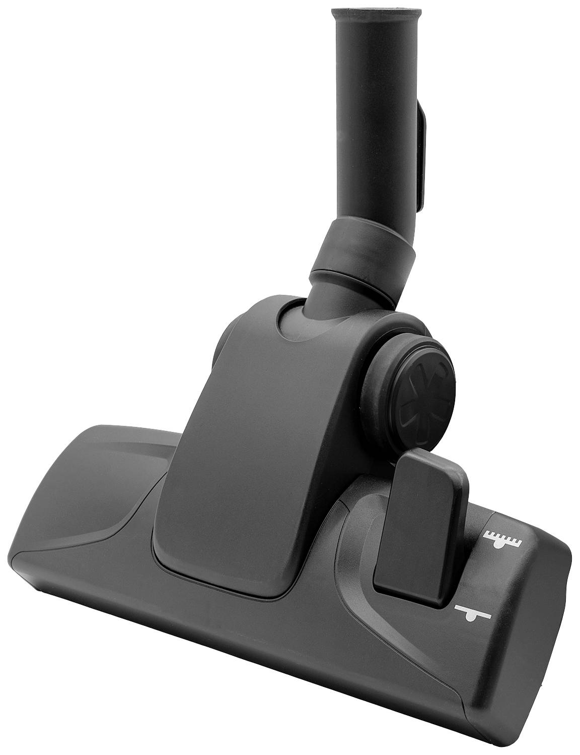 A vacuum cleaner attachment with a pivoting joint in black. It has a setting for different carpet and floor types.