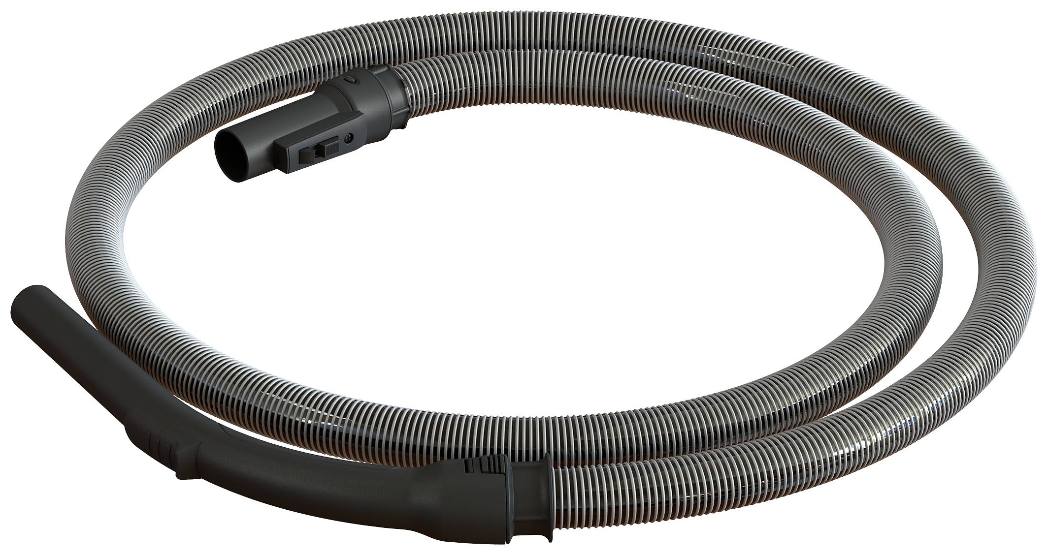 A grey, flexible vacuum cleaner hose with a connector at one end is coiled in a spiral shape.